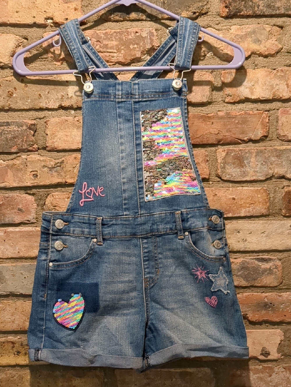 Girls Vintage Jordache Sequin Denim Jeans Shorts Overalls, Size 10/12